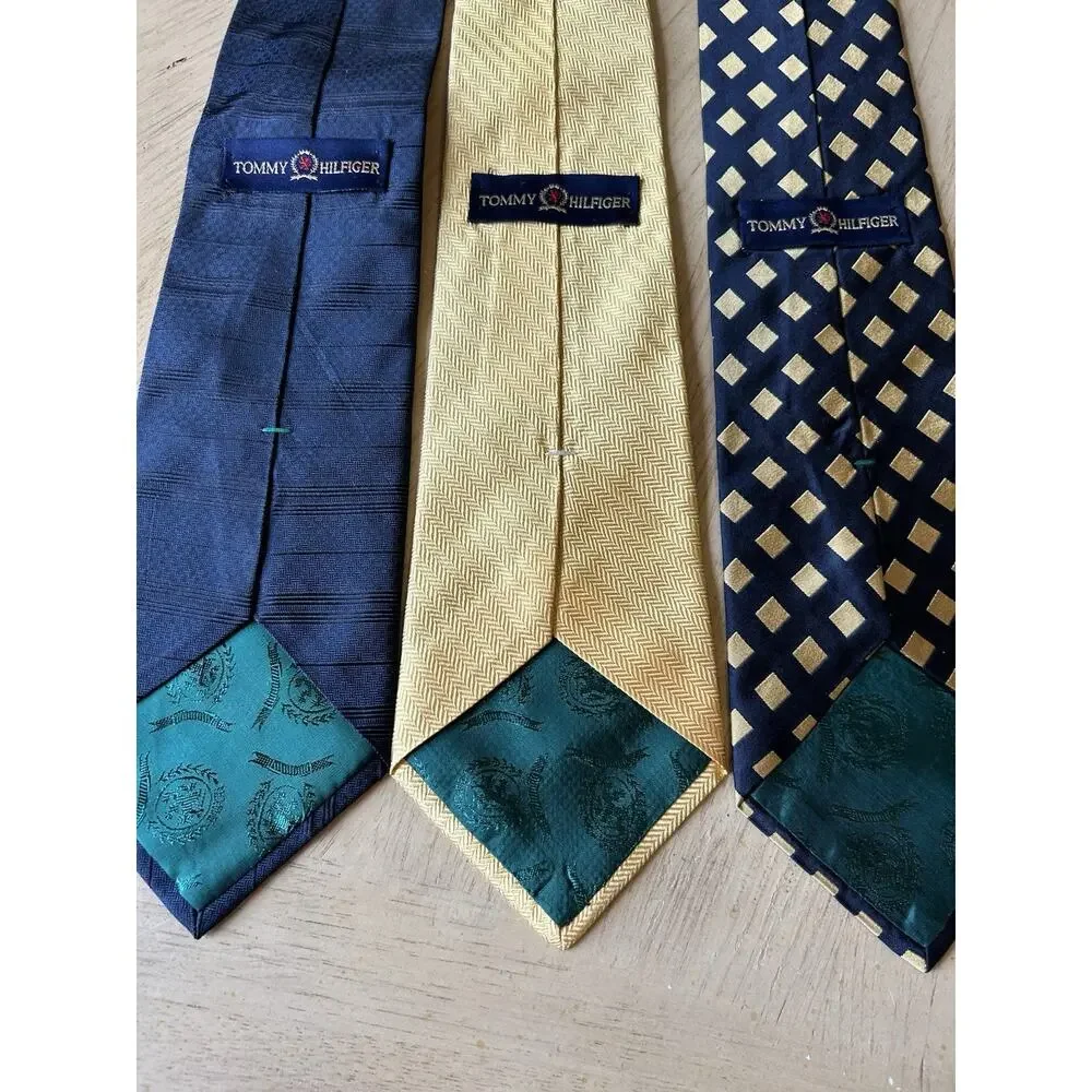 VTG 90s Tommy Hilfiger Silk Ties Neckties Navy Blue Gold Crest Logo USA Lot Of 3